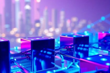 Interconnected glowing blocks in a futuristic city.