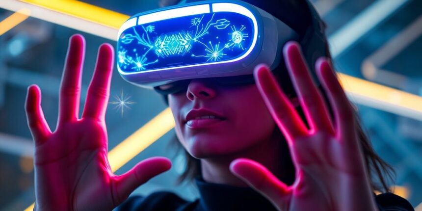 Person in VR headset interacting with virtual world.