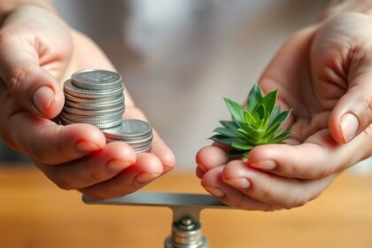 Hands holding scales, balancing coins and a plant.
