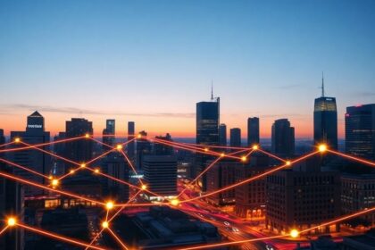 Cityscape with glowing digital network lines