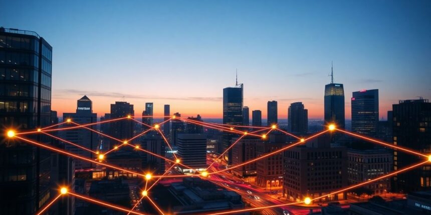 Cityscape with glowing digital network lines