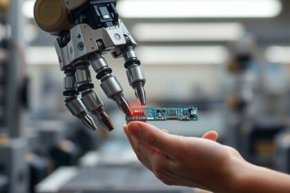 Robot arm assisting human worker, factory setting.