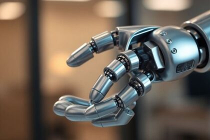 Robot hand grasping human hand, gears visible.