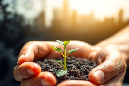 Hands holding sprout, gears turning, city skyline background.
