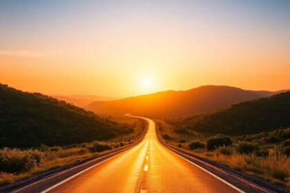 Long road stretching into bright, distant horizon.