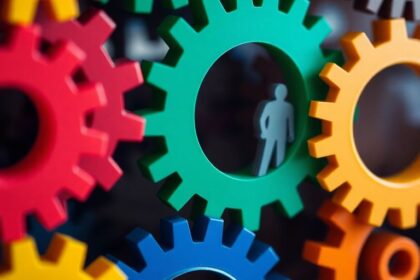 Colorful gears interlocking with human silhouettes.