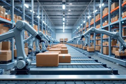 Robots moving packages in a futuristic warehouse.