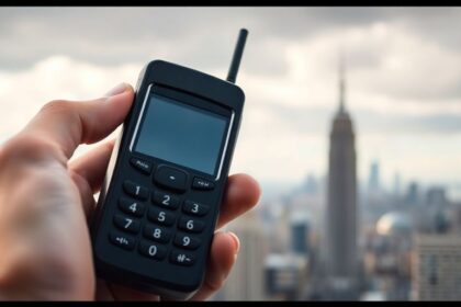 Early, bulky cell phone held by hand, against blurred city.