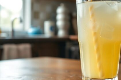 Antique paper straw angled into a glass of iced lemonade.