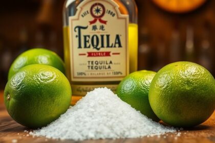 Tequila bottle, lime, and salt on a rustic wooden bar.