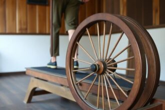 Early treadmill, wooden, large wheel, person walking.