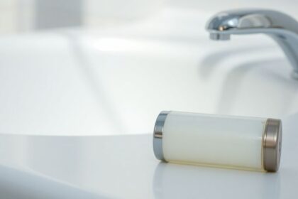 Early deodorant stick on a bathroom counter.