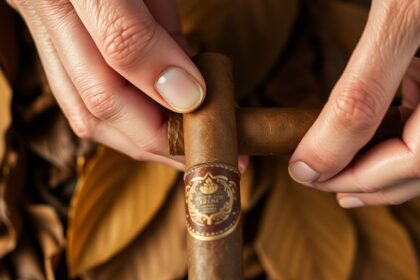 Dried tobacco leaves being rolled into a cigar.