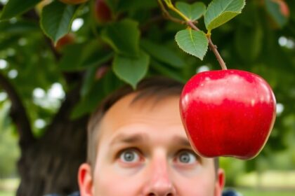 Apple falling, hitting Newton's head under a tree.