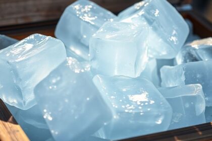 Blocks of clear ice in an ancient cooler.