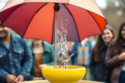 Funny invention, bright colors, quirky design, happy people.