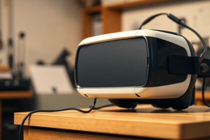 Vintage VR headset on a desk.