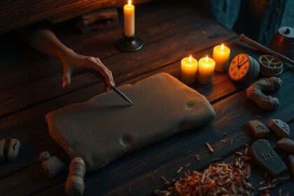 Hand carving clay tablet with reed stylus under flickering candlelight.