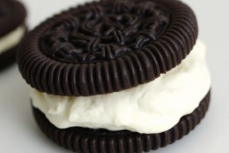 Oreo cookie, black wafers, white cream filling.