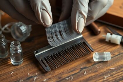 Gloved hands holding synthetic false eyelashes over vintage wooden workbench.