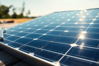 Close-up of early solar panel with metallic cells under sunlight