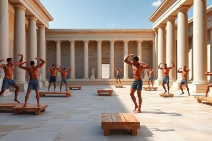 Ancient Greek athletes performing gymnastics.