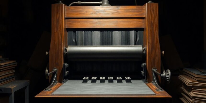 Gutenberg's printing press, wooden and metallic, in workshop.