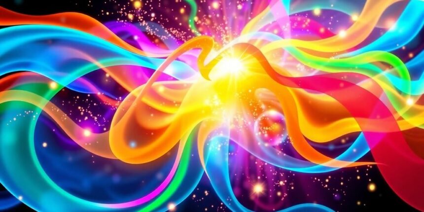 Bright, energetic abstract shapes and colors.